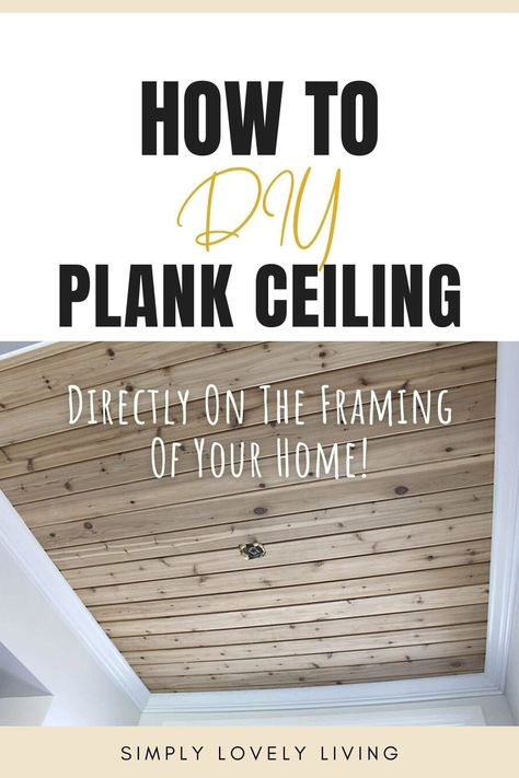 Crown Molding With Tongue And Groove, Wood Ceiling Crown Molding, Ceiling Planks Diy, Inexpensive Wood Ceiling Ideas, Wood Ceiling Colors, Beach Ceiling Ideas, Modern Shiplap Ceiling, Wide Plank Ceiling, Diy Tongue And Groove Ceiling