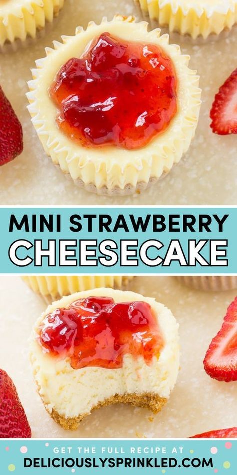 Celebrate with these easy mini strawberry cheesecakes! Topped with fresh strawberries or strawberry sauce, this mini cheesecake recipe is a perfect Labor Day party food idea. Definitely one of the best summer desserts! Best No Bake Cheesecake, Strawberry Cheesecakes, Homemade Cheesecake Recipes, Mini Strawberry Cheesecake, Labor Day Party, Best Summer Desserts, Mini Cheesecake Recipes, Homemade Cheesecake, Baked Cheesecake Recipe