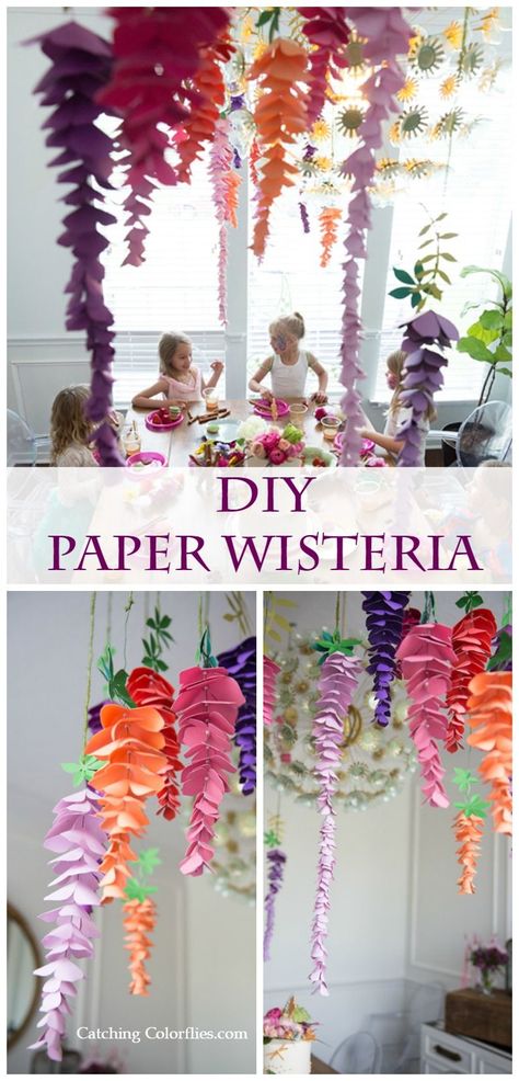 DIY paper wisteria flowers. Hanging paper decor. DIY fairy birthday party ideas. Printable flower templates. Paper Wisteria, Flower Templates Printable, Diy Flores, Fleurs Diy, Fairy Birthday Party, Amazing Decor, Diy Fairy, Fairy Birthday, Fairy Parties