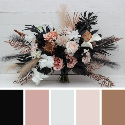 Dusty Rose Black Cinnamon White Flowers Fall Bridal Bouquet Faux Bouquet Fall Wedding Halloween Wedding Silk Flowers Boho Wedding - Etsy Canada Dusty Rose Reception Decor, Weddings With Black Color Palettes, Black And Champagne Boho Wedding, Black And Dusty Pink Wedding, Boho Black Wedding Decor, Fall Wedding Black And White, Black Fall Wedding Color Schemes, Black And Rose Wedding, Mauve And Black Wedding