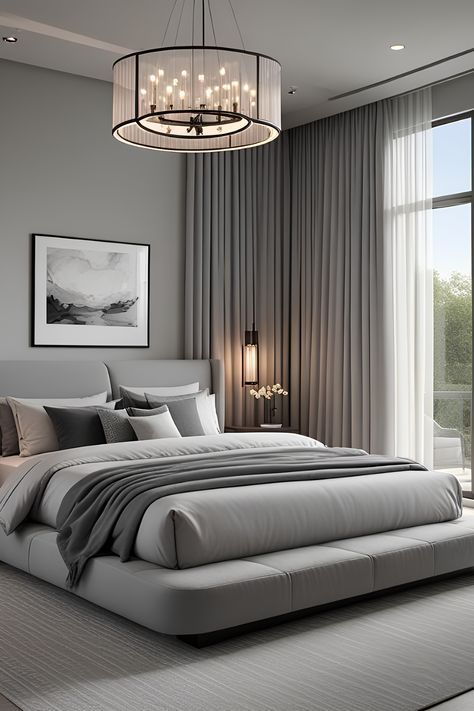 Bedroom Light Grey Bed, Grey Tone Bedroom, Grey Themed Bedroom, Modern Gray Bedroom, Light Grey Bedroom Ideas, Contemporary Chic Bedroom, Light Grey Bed, High Ceiling Bedroom, Masters Bedroom