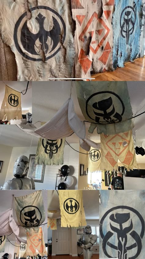 Dollar tree Star Wars banners. Made from pillow cases and acrylic paint Dollar Tree Star, Cantina Decor, Scifi Room, Scifi Decor, Cyberpunk Room, Star Wars Bathroom, Diy Star Wars, Star Wars Bedroom, Star Wars Crafts