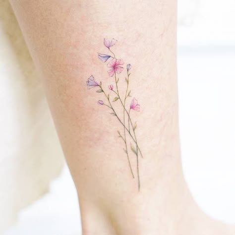 Simple Watercolor Flower Tattoo, Flower Ankle Tattoo Color, Tiny Colorful Flower Tattoos, Primrose Tattoo Color, Ankle Watercolor Tattoo, Small Wildflower Tattoo Color, Purple Tattoo Flower, Simple Flower Tattoo Color, Small Flower Color Tattoo