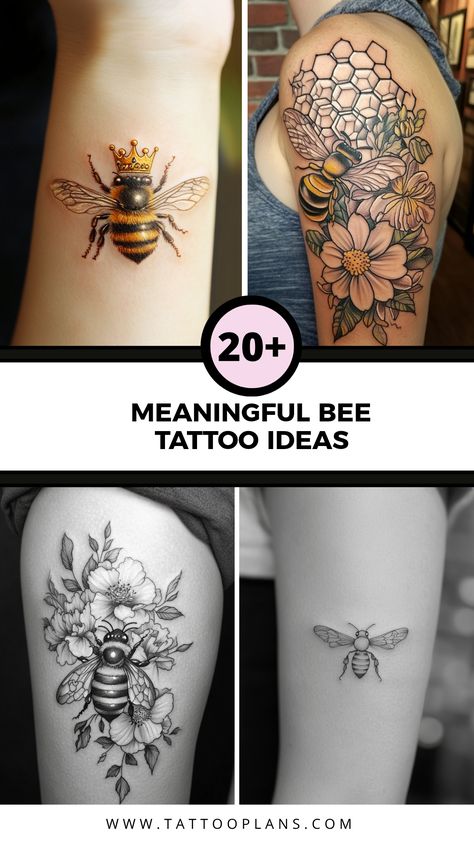 Explore bee tattoo ideas for women featuring beautiful designs that symbolize strength and loyalty. The pin showcases four different bee tattoo images, providing inspiration for meaningful body art. Fine Line Bee And Flower Tattoo, Black And Grey Bee Tattoo, Small Bee Tattoo Simple, Tattoo Ideas Bee, Bee With Honeycomb Tattoo, Bee With Flowers Tattoo, Bee Tattoos For Women, Simple Bee Tattoo, Bee And Flower Tattoo