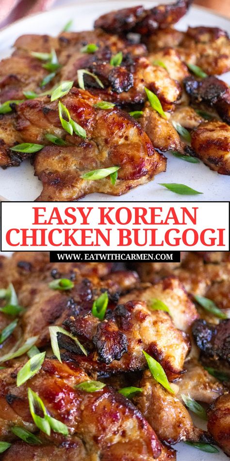 Discover the flavors of Korea with this Easy Chicken Bulgogi Recipe (Dak Bulgogi)! Marinated in a delicious Korean chicken marinade, this chicken bulgogi recipe is perfect for fans of Korean chicken and Asian cooking. Ideal for those seeking easy Korean recipes and authentic Korean food, this dish brings the taste of Korean bbq to your table. Add this to your collection of Korean dishes and Asian dishes for a flavorful and authentic chicken bulgogi recipe that's sure to impress. Korean Chicken Marinade, Korean Chicken Bulgogi, Dak Bulgogi, Chicken Bulgogi Recipe, Chicken Bulgogi, Authentic Korean Food, Spicy Bbq Sauce, Easy Korean Recipes, Bulgogi Recipe