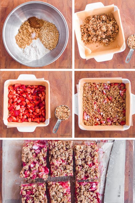 Strawberry Oatmeal Bars - Sweet, Crumbly and Slightly Tart Homemade Strawberry Granola Bars, Strawberry Granola Bars, Strawberry Granola, Strawberry Oatmeal Bars, Honey Granola, Strawberry Rhubarb Crisp, Strawberry Oatmeal, Healthy Protein Snacks, Snacks Easy