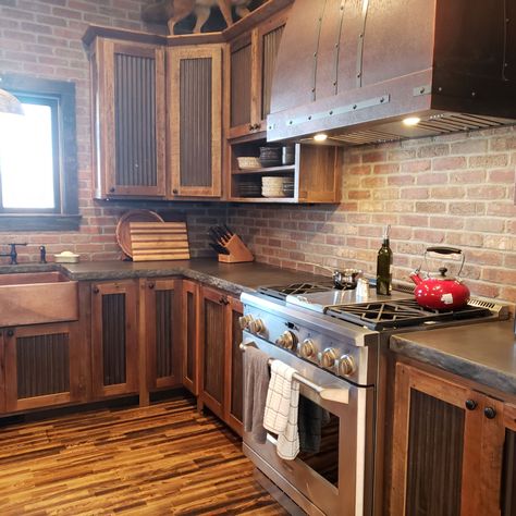 Rustic Kitchen Cabinets Farmhouse Style Wood Open Shelves, Rustic Kitchen Cabinets Farmhouse Style, Kitchen Cabinets Farmhouse Style, Cabinets Farmhouse Style, Barnwood Kitchen, Corrugated Tin, Tin Kitchen, Barn Kitchen, Rustic Kitchen Cabinets