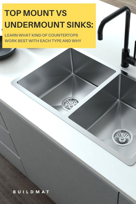 What is the difference between a drop in sink vs an undermount one? What countertops work best with top mount or undermount sinks? Topmount kitchen sinks (known as overmount kitchen sinks) have a striking difference from undermount kitchen sinks. Read our blog to learn about the in-depth differences, the pros and cons and gain helpful knowledge to guide your choice in a new kitchen sink. Topmount Sink Kitchen, Kitchen Sink Overmount, Kitchen Sink Ideas Undermount Modern, Kitchen Sinks Ideas Undermount, Sink Under Countertop, Under Counter Kitchen Sink, Kitchen Sink Top Mount, Deep Undermount Kitchen Sink, Kitchens With Stainless Steel Sinks