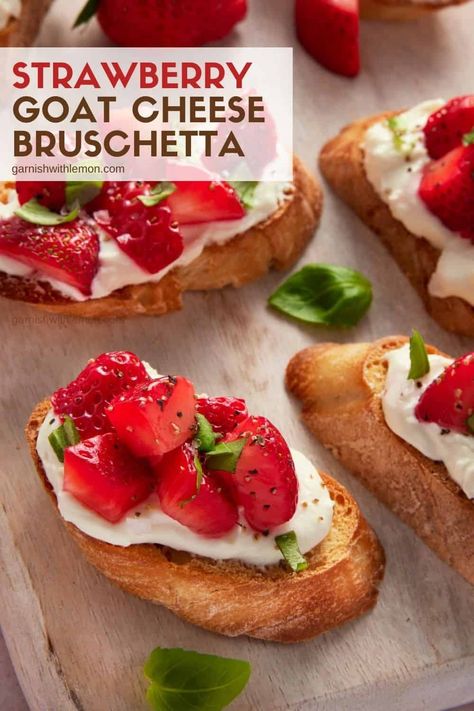 You won't be able to eat just one of these delicious Strawberry Goat Cheese Bruschetta! This simple appetizer recipe combines the sweetest summer strawberries with creamy goat cheese, fragrant basil and a touch of tangy balsamic vinegar for an irresistible party bite that everyone will love. Strawberry Goat Cheese Bruschetta, Goat Cheese Bruschetta, Strawberry Goat Cheese, Cheese Bruschetta, Recipe Appetizers, Summer Appetizers Easy, Simple Appetizer, Goat Cheese Appetizer, Creamy Goat Cheese