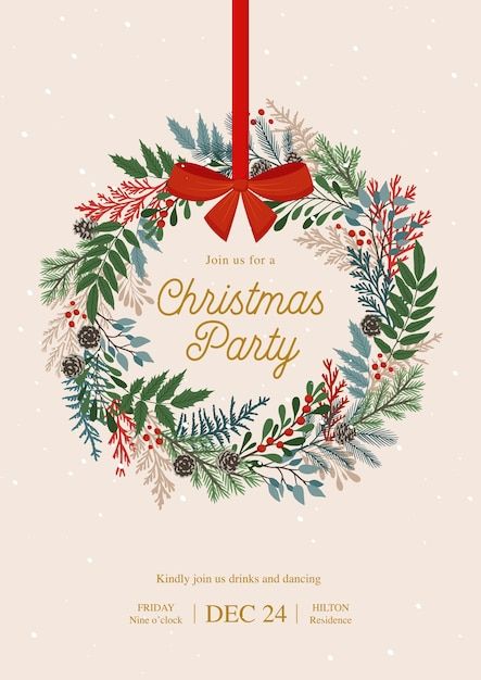 Christmas wreath with holly berries, mis... | Premium Vector #Freepik #vector #christmas-pine #christmas-branch #christmas-floral #christmas-new-year Holiday Wreath Illustration, Wreath Christmas Card, Christmas Party Invite Ideas, Christmas Wreaths Illustration, Christmas Floral Illustration, Christmas Wreath Doodle, Christmas Party Invitations Ideas, Wreath Illustration Christmas, Christmas Invitations Ideas