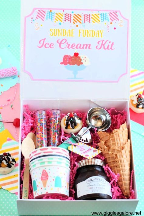 Ice Cream Gift Basket, Sundae Funday, Ice Cream Month, Ice Cream Sunday, National Ice Cream Day, Ice Cream Gift, Celebration Box, Creative Party Ideas, Ice Cream Day