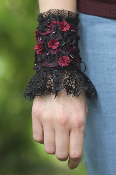 Wrist Corsage Bracelet, Corsage Bracelet, Gothic Bracelet, Fabric Bracelets, Lace Bracelet, Wearable Art Jewelry, Bracelet Wrist, Lace Cuffs, Hand Embroidery Flowers