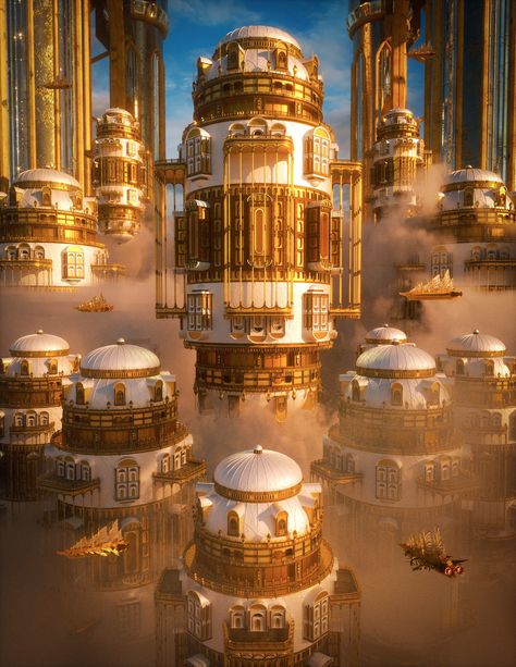 Cyberpunk Artwork, Spiral Tower, Fantasy Cities, Anime Kingdom, Inspirational Digital Art, Sci Fi Landscape, Gold City, In And Out Movie, Cyberpunk City