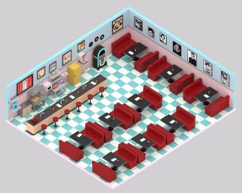 Minecraft Diner, Minecraft Restaurant, Diner 50s, Isometric Interior, Diner Aesthetic, Minecraft Idea, Restaurant Layout, Restaurant Game, 3d Monster