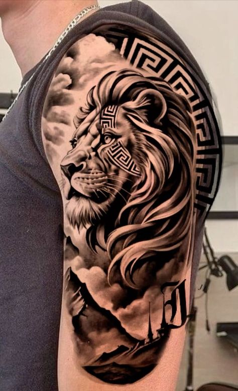 Kd Tattoo, Compass Tattoos Arm, Outer Bicep Tattoos, Lion Arm Tattoo, Lion Shoulder Tattoo, Alex Tattoo, Lion Art Tattoo, Tiger Tattoo Sleeve, Bicep Tattoo Men