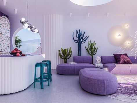 Purple Living Room Ideas, Retail Decor, Purple Living Room, Pastel Interior, Purple Interior, Purple Rooms, Futuristic Interior, Creative Home, Interior Design Projects