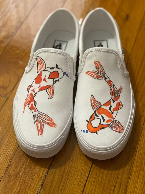 DIY koy fish vans by Jenna Quenneville Fish Moodboard, Custom Vans Ideas, Diy Vans, Canvas Shoes Diy, Coy Fish, Painted Shoes Diy, Custom Painted Shoes, Tenis Vans, Painted Sneakers