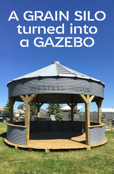 Silo Gazebo Ideas Backyard, Grain Silo Fire Pit, Grain Bin Patio, Grain Bin Gazebo Bar, Grain Bin Gazebo Backyard Ideas, Grain Silo Gazebo, Silo Patio, Silo Gazebo, Grain Bin Gazebo