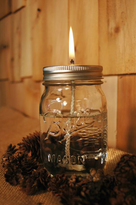 Jar with lid and glass wick insert and by PineknobsAndCrickets, $6.35 Homemade Oil Candles Mason Jars, Upcycle Glass Candle Jars, Small Jars-candles, Mason Jar Oil Candle, Empty Candle Jars Wholesale, Candle Kit, Party Lighting, Citronella Oil, Candle Kits