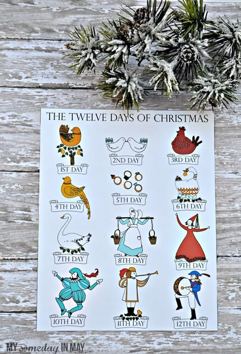 12 Days of Christmas | Free Printable - Hey!  Emmie from My Someday in May , back again with a new printable.  I'm so excited for Christmas!  I absolutely love this time of year!  We have so many special family traditions that I look forward to every December.  On Christmas morning we drink from my mom's special 12 days of Christmas cups and eat her Christmas breakfast casserole.  Those cups have become a vital part of our Christmas morning.  For this new printable, I used my mom's cups as inspi 12 Days Of Christmas Pictures Printable, 12 Days Of Christmas Pictures, 12 Days Of Christmas Graphic, 12 Days Of Christmas Printables Free, 12 Days Of Christmas Decorations, Advent Homeschool, 12 Days Of Christmas Activities, 12 Days Of Christmas Crafts, 12days Of Christmas