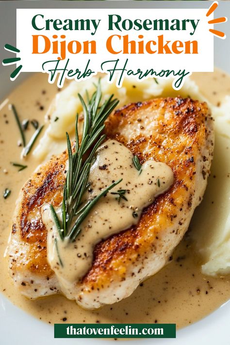 Enjoy the refined elegance of chicken breasts in a luxurious Dijon mustard and rosemary cream sauce. This "Creamy Rosemary Dijon Chicken" recipe, enhanced with whole milk yogurt and white wine, provides a sophisticated and flavorful experience, perfect for an elevated weeknight dinner. Creamy Rosemary Dijon Chicken, Easy Healthy Whole Food Meals, Rosemary And Thyme Chicken, Rosemary Dijon Chicken, Chicken And White Wine Sauce, Crockpot Dijon Chicken, Baked Rosemary Chicken Breast, Rosemary Cream Sauce, Recipes With Chicken Breast