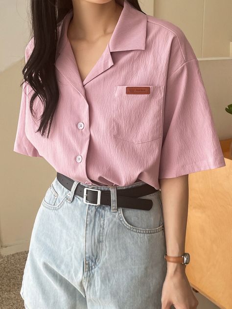 Half Sleeve Shirts Women, Sleeve Shirt Outfit, Pink Shirt Outfit, Looks Hippie, Drop Shoulder Shirt, Half Shirts, Thrifted Outfits, Half Sleeve Shirts, Half Sleeve Tops