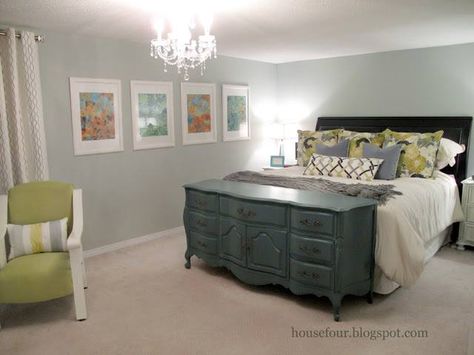 Use a dresser or storage trunk as a footboard with storage for your bed Dresser Footboard, Dresser At Foot Of Bed, Foot Of Bed, My Bedroom, Bed Room, Where The Heart Is, Bedroom Makeover, Bedroom Inspirations, Home Is Where