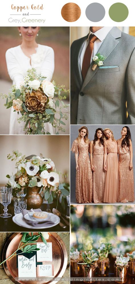 copper gold,grey and greenery fall wedding color combos Copper Wedding Colors, November Wedding Colors, Wedding Colors Schemes, Fall Wedding Color Schemes, Wedding Color Combos, Colors Schemes, Copper Wedding, November Wedding, Theme Color