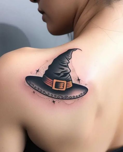 Tiny Witch Tattoo, Witches Hat Tattoo, Witch Hat Tattoo, Shoe Tattoo, Hat Tattoo, Shoe Tattoos, Witch Shoes, Witch Tattoo, Halloween Tattoo