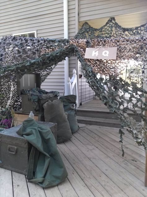 Uso Party, Army Themed Birthday, Camp Vbs, Camo Birthday Party, Army Birthday Parties, Backyard Fort, Army Birthday, Army Decor, Camo Birthday