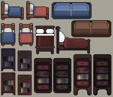 Pixel Art Environment - Furniture and Cabinets by JustAJoke Pixel Art Room 2d, Furniture Pixel Art, Bedroom Pixel Art, Pixel Art Furniture, Pixel Bedroom, Pixel Art Bedroom, Pixel Furniture, Pixel Tileset, Pixel Art Environment