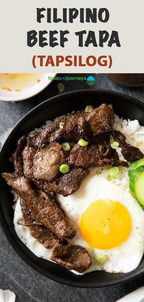 Here's a popular Filipino breakfast for you to try! Beef tapa refers to thinly sliced beef that's marinated, fried, and typically served with Filipino fried rice and fried egg --- locally known as tapsilog. See for yourself why it's such a well-loved dish! Tapa Recipes Filipino, Tapa Recipe Filipino, Beef Tapa Recipe Filipino, Filipino Fried Rice, November Meals, Beef Shank Recipe, Beef Tapa, Filipino Breakfast, Pork Bites