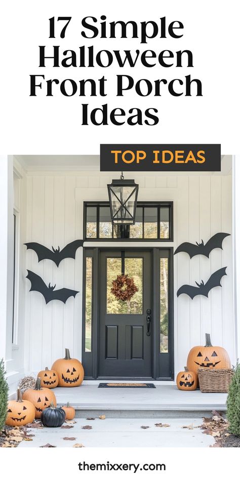 17 simple Halloween front porch ideas with pumpkins and bat decorations. Simple Halloween Front Porch, Simple Halloween Porch, Halloween Front Porch Decorating Ideas, Eerie Lighting, Small Front Porch Decor, Halloween Front Porch Ideas, Simple Halloween Decor, Halloween Porch Decor, Small Porch Decorating