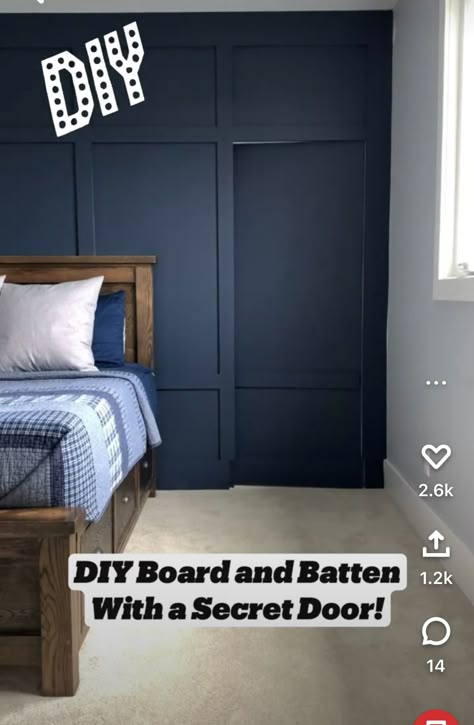 Board And Batten Secret Door, Secret Door Panelling, Hidden Panelled Doors, Feature Wall With Door, Board And Batten Hidden Door, Accent Wall Behind Bed, Hidden Doors In Walls, Hidden Doors, Invisible Doors