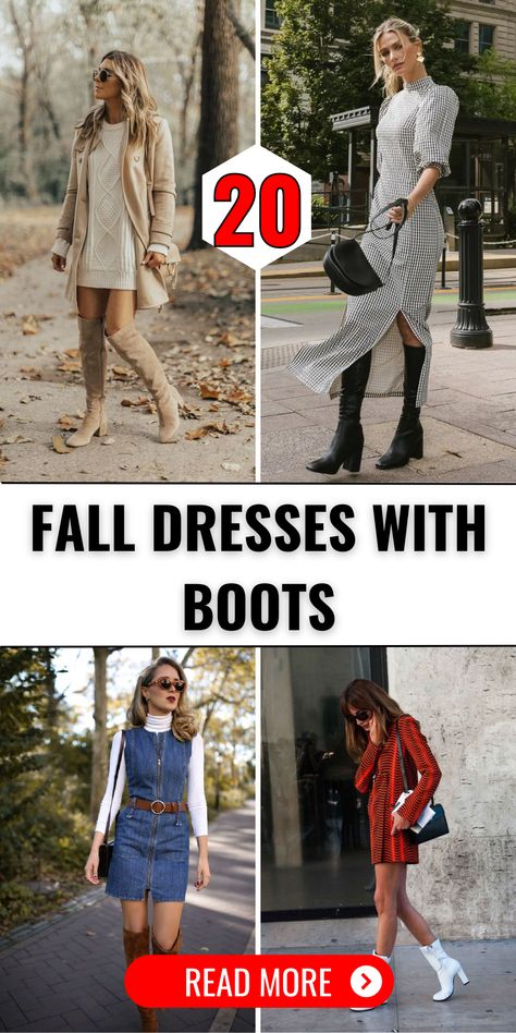 Elevate your fall wardrobe with 20 top dress and boot pairings for 2024. Our collection includes bold stripes, chic suede styles, and midi to short dresses with ankle booties. Ideal for black women, plus size, and wedding guests, these outfits in black, brown, and green are perfect for both casual and work settings. Pair them with tights for a polished finish. Fall Dress With Tights And Boots, Dress With Boots Fall Outfit, Boots That Go With Dresses, Black Outfit Brown Boots, Suede Dress Outfit Fall, Short Dress And Boots Outfit, Ankle Boots With Dress Outfit, Dress And Ankle Boots Outfit, Dresses With Boots Outfits