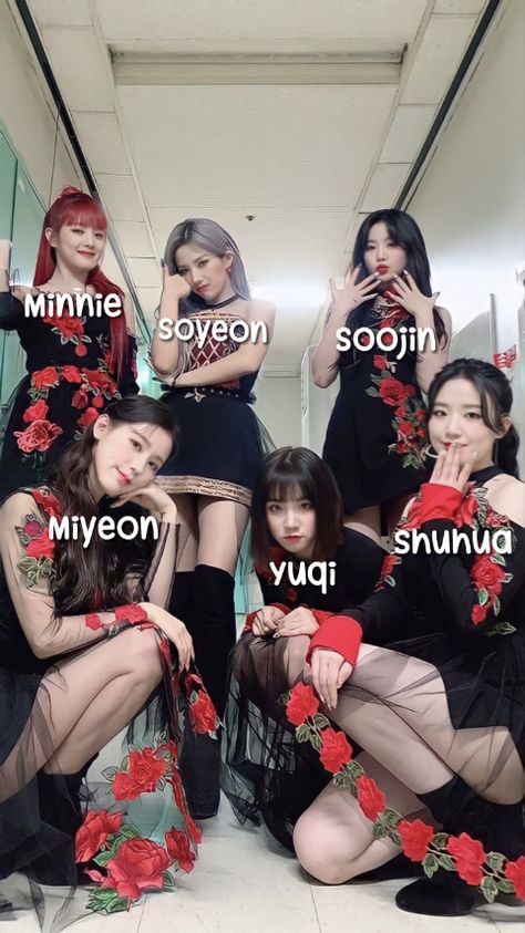 (G)i-dle ot6 with photo names #fashion #gidle #minnie #miyeon #soojin #soyeon #yuqi #shuhua G Idle Group Photo With Names, Allergy Gidle, Gidle Allergy, Minnie Miyeon, Gidle Minnie, G-idle Miyeon, Minnie Gidle, Soo Jin, Dara Kpop