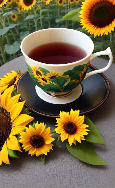 Imagine sipping your favorite brew from a cup adorned with vibrant sunflowers, their golden petals spreading cheer with every sip. The elegant design and exquisite craftsmanship make these teacups a perfect addition to any tea party, brunch gathering, or quiet moment of self-indulgence. tea tea organizer tea drinking tea cup tea cocktail tea recipe tea drinks tea shop Flowers In A Tea Cup, Sunflower Tea, Tea Flower Aesthetic, Tea And Flowers Aesthetic, Tea Aesthetic Yellow, Good Morning Tea, Tea Organization, Yellow Cups, Tea Cocktails