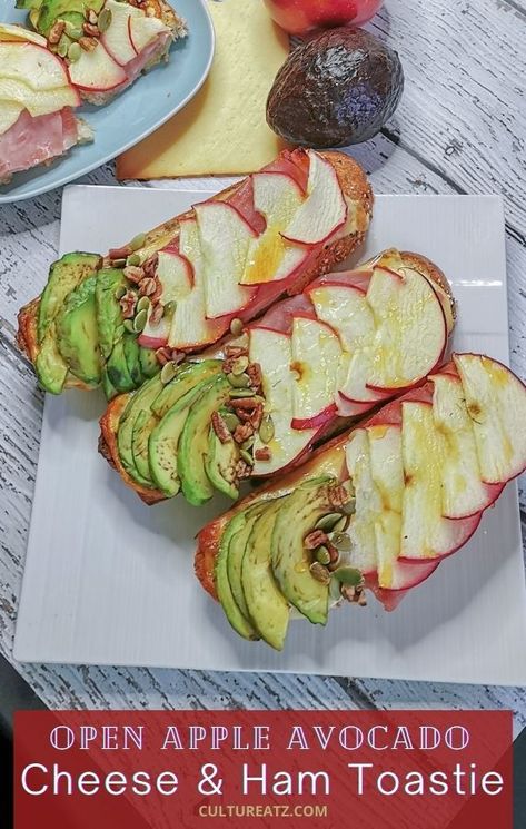 This contains: Apple Avocado Cheese and Ham Toastie Ham And Cheese Toastie, Ham Slices, Simple Avocado Toast, Washington Apple, Apple Snacks, Party Dip, Open Faced Sandwich, Drink Inspiration, Smoked Cheese