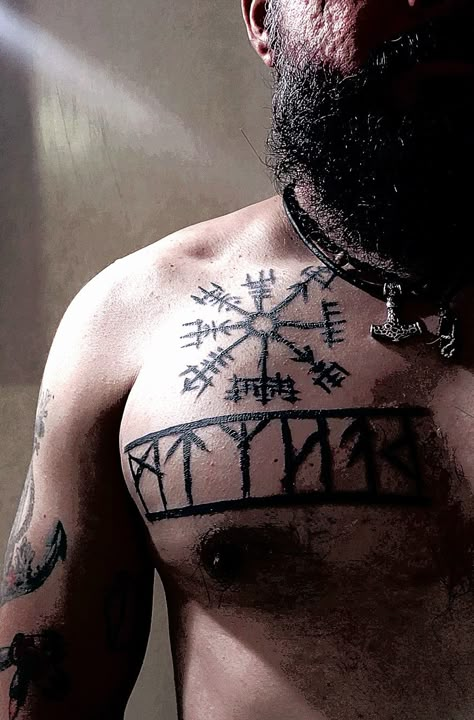 Viking Shoulder Tattoo Men, Nordic Neck Tattoo, Viking Chest Tattoo, Viking Back Tattoo, Drew Tattoo, Nordic Tattoos, Runes Tattoo, Norse Tattoos, Viking Rune Tattoo