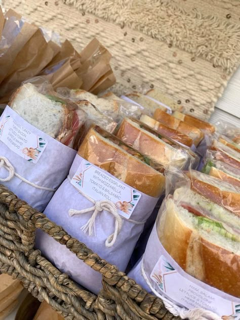 Boho Birthday Party Food, Sandwiches Wrapped In Paper, Boho Picnic Food Ideas, Boho Party Food Ideas, Sandwich Wrapping Ideas, Boho Food Ideas, Sandwich Party Ideas, Sandwich Display Ideas For Party, Park Party Food Ideas