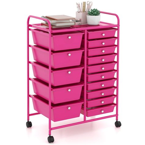 Being annoyed when seeing your home in a mess? Our rolling storage cart will be an awesome choice. Coming with 15 drawers and spacious top, the utility cart provides you with sufficient space to classify and display your multiple belongings, such as stationery, books, and decorations. Additionally, sturdy sturdy baking painted metal frame offers strong support to the cart while enhancing stability. 4 universal wheels(2 lockable) allow it for free mobility. After all, a good storage cart will ser Pink Tool Chest, Cart Organizer, Drawer Cart, Metal Handrails, Organization Cart, Craft Cart, Mobile Cart, Sewing Materials, Craft Station