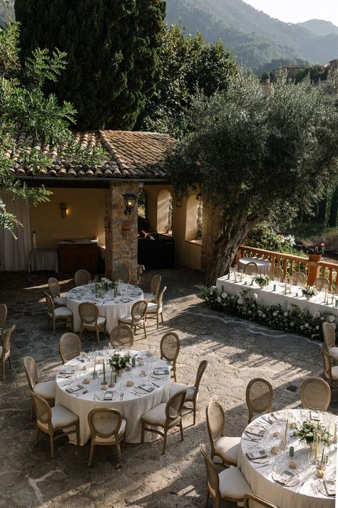 Wedding Reception on El Olivo Terrace at Belmond La Residencia in Mallorca Mallorca Wedding Venues, Mediterranean Wedding Decor, European Summer Wedding, Wedding Argentina, Lisbon Wedding, Money Wedding, Monterey Wedding, Dinner Reception, Mediterranean Wedding