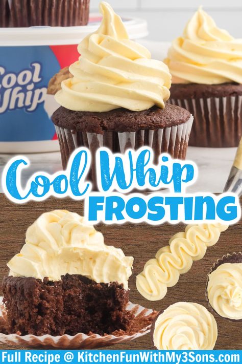 A quick and easy recipe for Cool Whip Frosting will change your favorite desserts for the better! This creamy and tasty frosting recipe can be paired with any of your favorite baked goods. Coolwhip & Pudding Frosting, Cool Wipe Frosting, Peanut Butter Cool Whip Frosting, Coolwhip Icing Recipe Cool Whip Frosting, Whipped Frosting Recipe, Cool Whip Frosting Recipe, Whip Icing, Whip Cookies, Whip Frosting