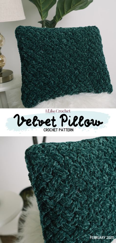 This classic pillow in a braided pattern is reminiscent of vintage velvet tuck pillows. This elegant take on a classic is stunning in bottle green, but would look wonderful in other gemstone colors like ruby or sapphire. Crochet Velvet Pattern, Things To Make With Velvet Yarn, Crochet Pillow Cover Velvet Yarn, Crochet Velvet Pillow Cover, Velvet Crochet Pillow Pattern Free, Velvet Yarn Crochet Pillow, Velvet Crochet Pillow Pattern, What To Crochet With Velvet Yarn, Velvet Yarn Knitting Patterns