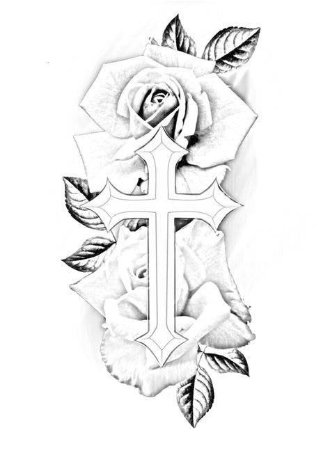 Gio Tattoo, Cross With Roses, Crucifix Tattoo, Rose Tattoo Stencil, Cross Drawing, Quarter Sleeve Tattoos, Rose Flower Tattoos, Rose Drawing Tattoo, Rose Stencil