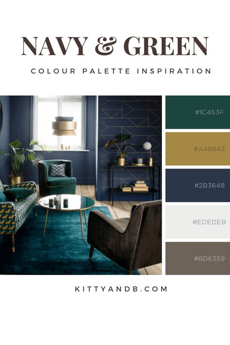 Navy and Green colour palette. Today we're talking inspiration for a green living room. Green is a really versatile colour to decorate your home with. But, which colours and tones work well? What kind of accessories work with green? This post gives you ideas for pulling together an elegant green colour palette and pieces for your home. Read more: kittyandb.com #navyandgreen #colourfulhomedecor #greenlivingroom #roomdecor #greenaesthetic #colourpalette Blue And Green Living Room, Green Living Room Decor, Navy Living Rooms, Color Palette Living Room, Green Living Room, Minimalist Living Room Decor, Gold Living Room, Living Room Color Schemes, Room Color Schemes