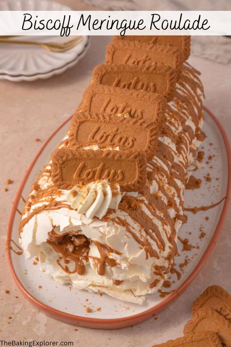 Meringue Roll, Fluffy Meringue, Traybake Cake, Meringue Roulade, Biscoff Recipes, Biscoff Cake, Biscoff Biscuits, Homemade Custard, Biscoff Spread