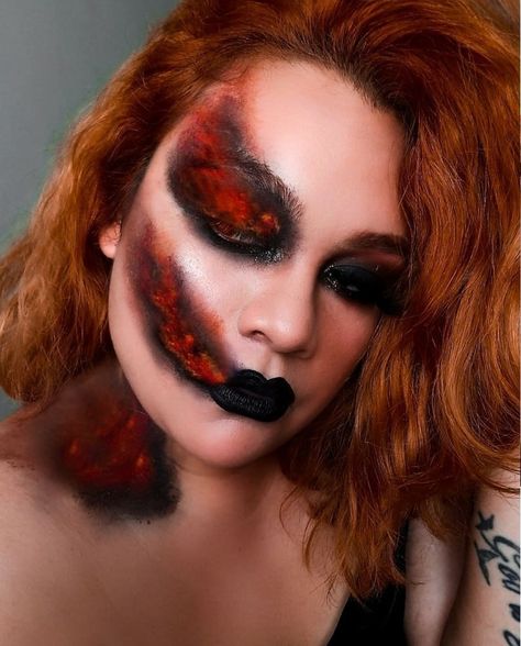 Volcano Makeup, Fire Element Makeup, Burn Makeup Special Effects, Fire Inspired Makeup, Burns Makeup, Burn Makeup, Monster Face Painting, Phoenix Makeup, Fire Makeup