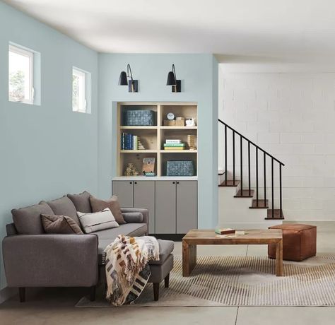 Behr's Watery Playroom Paint Colors Behr, Light Basement Paint Colors, Basement Paint Ideas Color Schemes, Finished Basement Wall Colors, Bright Basement Paint Colors, Basement Color Palette, Best Paint Color For Basement, Basement Color Schemes Sherwin Williams, Best Paint Colors For Basement