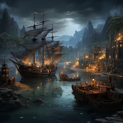 Fantasy Ships, Medieval Ships, Fantasy Pirate Ship, Port Kingdom Fantasy Art, Pirate City, Coast City Fantasy Art, Sea Town Fantasy Art, Fantasy Archipelago, Pirate City Fantasy Art